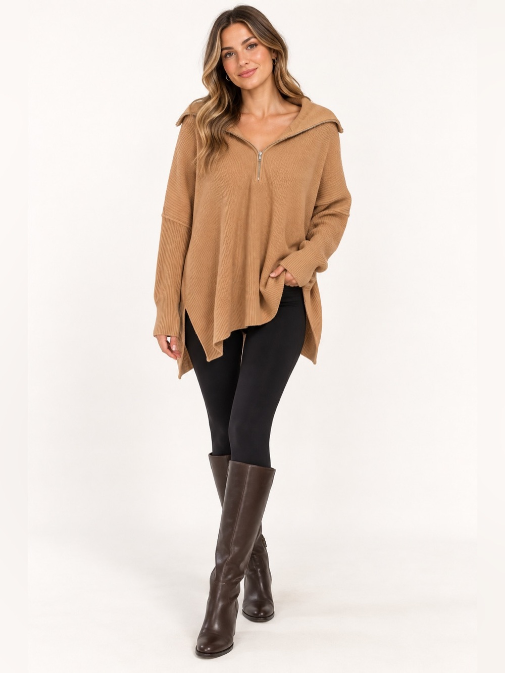 Aerie Women’s Large Camel Brown Waffle Knit Hooded Zip Cardigan Sweater